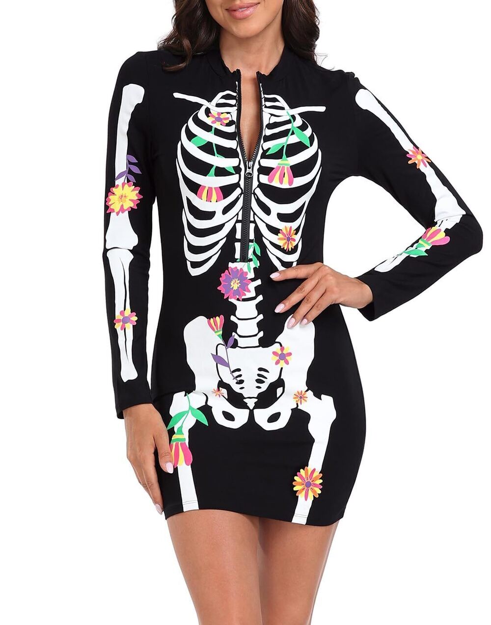 4417 Skeleton Dress Spooky Long Sleeve Bones Mini Dress Halloween Party